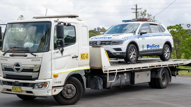 The police car which was allegedly shot at during the pursuit.