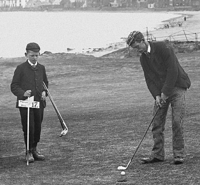 Scottish professional golfer David "Davie" Strath (right) at his home course of North Berwick.