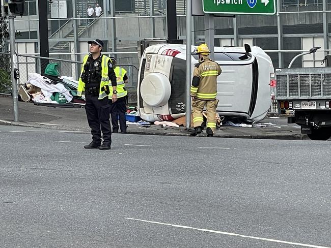 Vulture St in inner-Brisbane was shut on Friday after a two-car crash. Picture: Mattheew Johnston