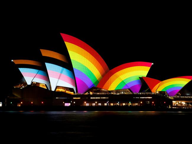 SYDNEY, AUSTRALIA - FEBRUARY 17: The Progress Pride Flag is seen projected onto the Sydney Opera House on February 17, 2023 in Sydney, Australia. The Progress Pride flag illuminations celebrate the start of Sydney WorldPride which runs from 17 February to 5 March 2023. (Photo by Brendon Thorne/Getty Images)