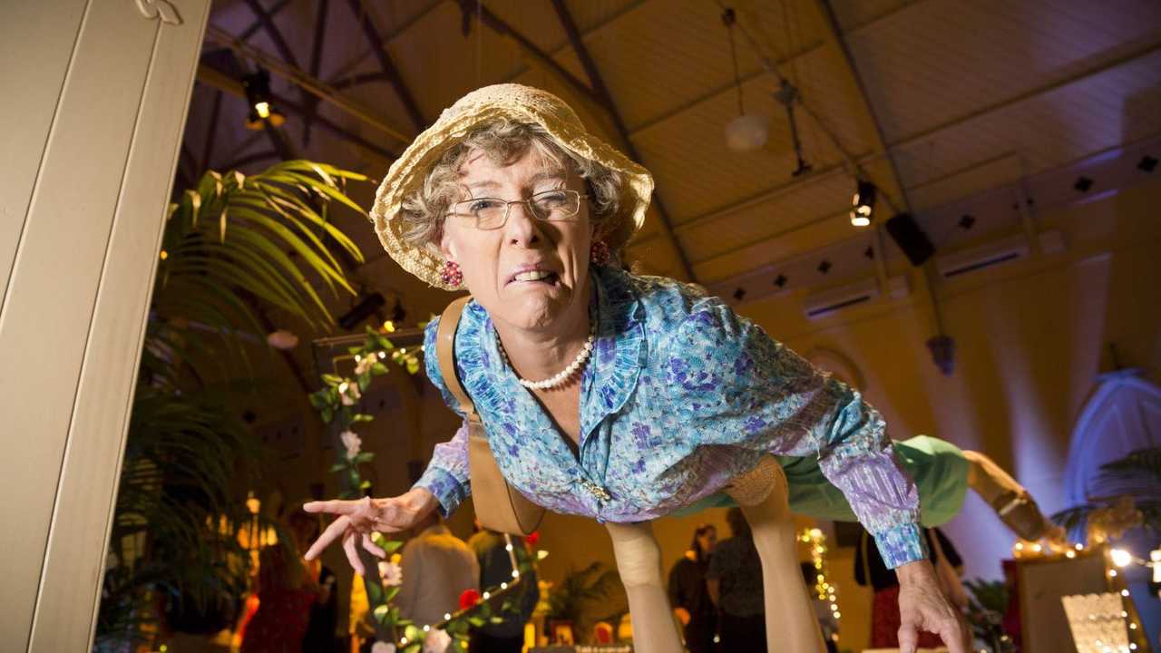 Myrtle is hoisted by Maud of Wilde Applause as the Comedy Grannies at the Curious Arts Festival, Saturday, March 16, 2019. Picture: Kevin Farmer