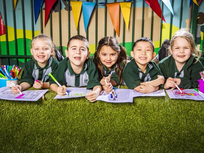 Preppy case study: What preppies really think.L-R: St BernardÃs Catholic Primary School preps (5-year-olds) Harper Devine, Ronald Ewing, Leni Kelleher, Yeahan Kim and Kate Cunningham. Picture: NIGEL HALLETT