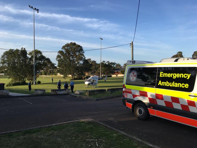 CareFlight’s Rapid Response Helicopter was called to Eastern Rd Oval at Killarney Vale after a boy was run over by a car reversing in a driveway. Picture: CareFlight