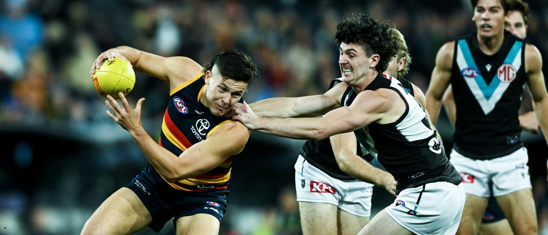 ADELAIDE, AUSTRALIA - MAY 02:   Jake Soligo of the Crows 
 competes with  Darcy Byrne-Jones of the Power  during the round eight AFL match between Adelaide Crows and Port Adelaide Power at Adelaide Oval, on May 02, 2024, in Adelaide, Australia. (Photo by Mark Brake/Getty Images)