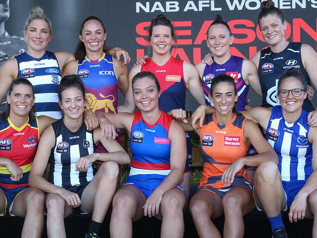 AFLW Season Launch. AFLW 2019 team captains. Back left to right : Melissa Hickey ( Geelong ) ,Leah Kaslar ( Brisbane Lions ) , Elise O'Dea (Melbourne ) , Kara Donnellan ( Fremantle ) , Brianna Davey ( Carlton ). Front left to right : Chelsea Randall ( Adelaide ) , Steph Chiocci ( Collingwood ) , Ellie Blackburn ( Western Bulldogs ) , Amanda Farrugia (GWS) and Emma Kearney ( North Melbourne ). Picture : Ian Currie