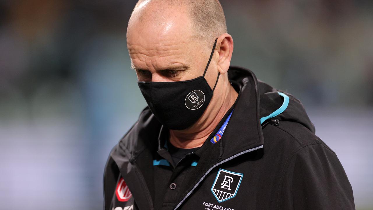 Ken Hinkley walks from the ground after coming up short against the Cats. Picture: Getty Images