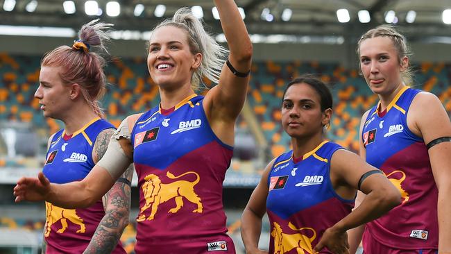 BRISBANE, AUSTRALIA - AUGUST 28: Orla O'Dwyer of the Lions waves to the crowd after her team's victory during the round one AFLW match between the Brisbane Lions and the Fremantle Dockers at The Gabba on August 28, 2022 in Brisbane, Australia. (Photo by Albert Perez/Getty Images)