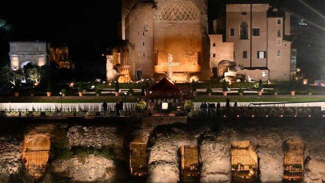 A picture shows the empty armchair of Pope Francis as the Vatican announced that he will not come to the Colosseum to preside over the Way of the Cross. Picture: AFP