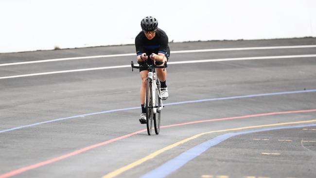 Caitlin McCarty enjoying the revamped facilities at the Nerang velodrome. Photograph : Jason O'Brien