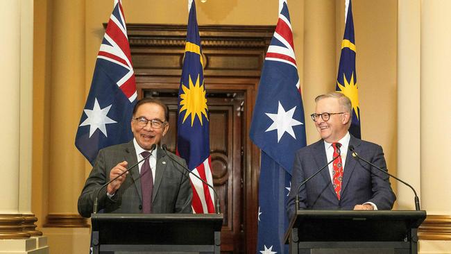 Anthony Albanese (R) and Malaysia's Prime Minister Anwar Ibrahim attending a joint press conference at the Government House in Melbourne.