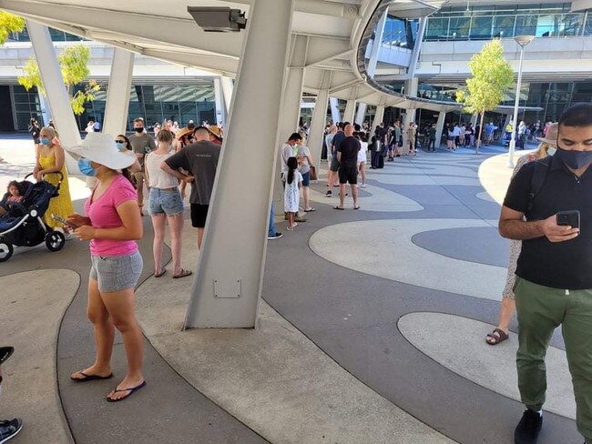 The queue at Adelaide Airport for a Covid test on Wednesday.