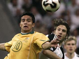 JUNE 15, 2005: Socceroos Tim Cahill (L) vies with Torsten Frings for possession during Germany v Australia 2005 FIFA football Confederations Cup match at Waldstadion Stadium in Frankfurt, 15/06/05.Soccer A/CT