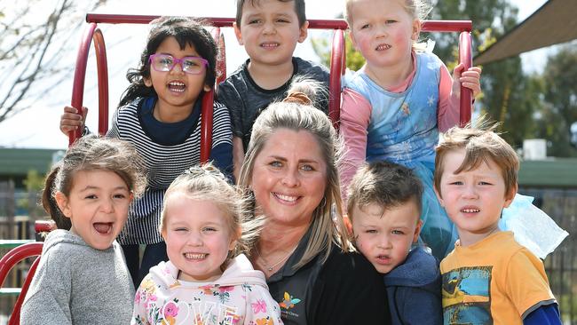 Number 1: Emma Murphy from ELC Mernda, with (front L-R) Ivy, Charlotte, Harry, Leo and (top L-R) Monica, Adam and Shayli. Picture: Josie Hayden