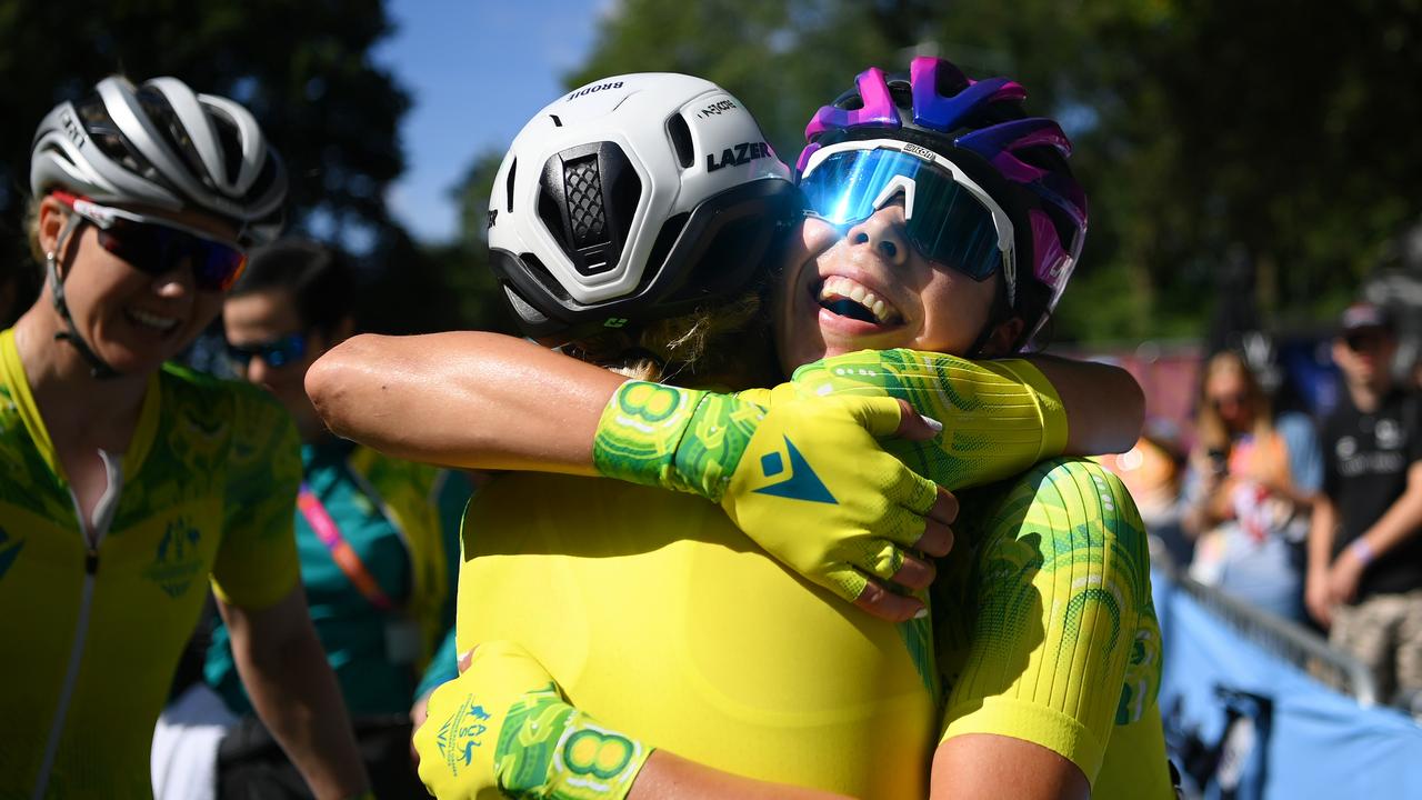 Georgia Baker celebrates after winning the road race. Picture: Justin Setterfield/Getty Images