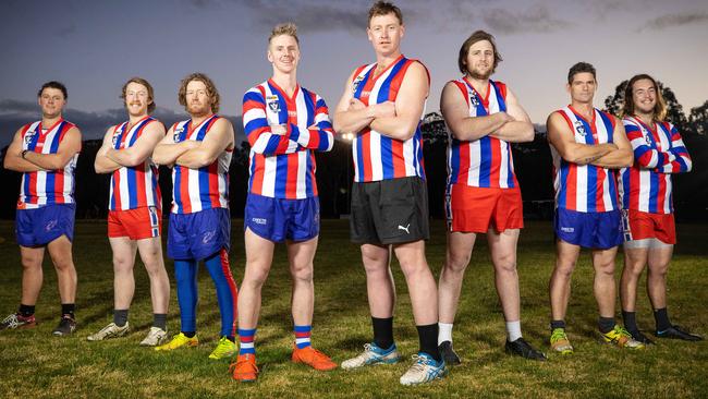 Lindenow South Football Club is the premiership favourite heading into the Omeo District league finals having gone from winless to top of the ladder this year. Pictured from left are Mel Irish, Mitch Neal, Robbie O’Keefe, coach Nathan Pollard, Sam Howden, Brad Pedder, Jarrett Callaway, Harry Page. Picture: Mark Stewart