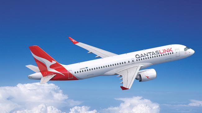 A render of a Qantas A220-300 which is set to be used on short-haul international routes.