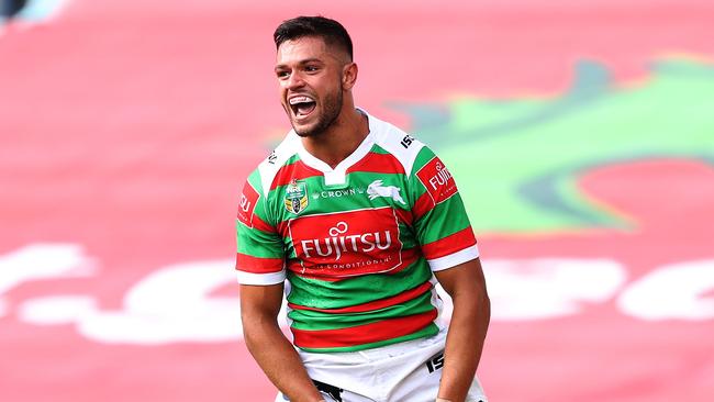 Braidon Burns celebrates after scoring a try for the Rabbitohs. Picture: Brett Costello