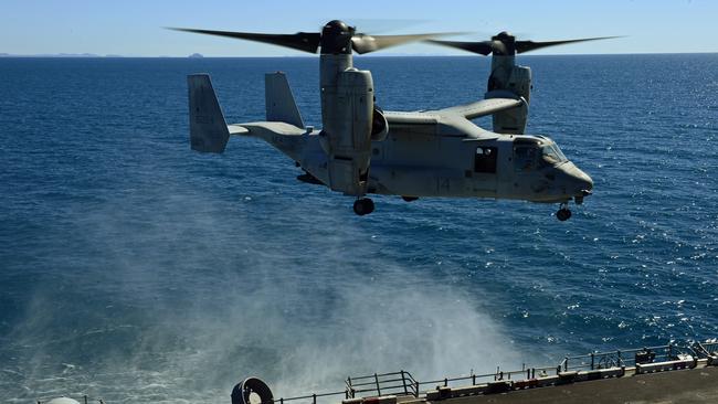 A MV-22B Osprey landing aboard the amphibious assault ship USS Bonhomme Richard (LHD 6) during Exercise Talisman Sabre 2017 near Rockhampton Queensland. Picture: Wesley Monts