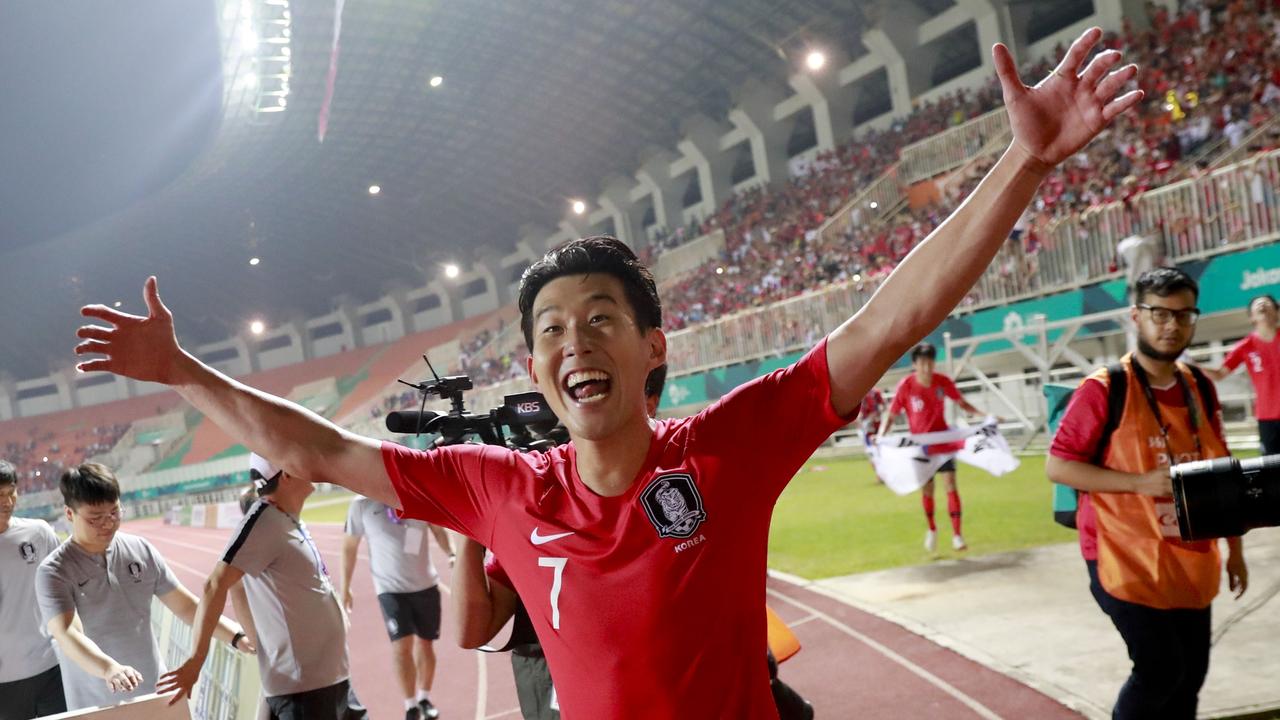 South Korea's Son Heung-min celebrates after winning the gold medal match.