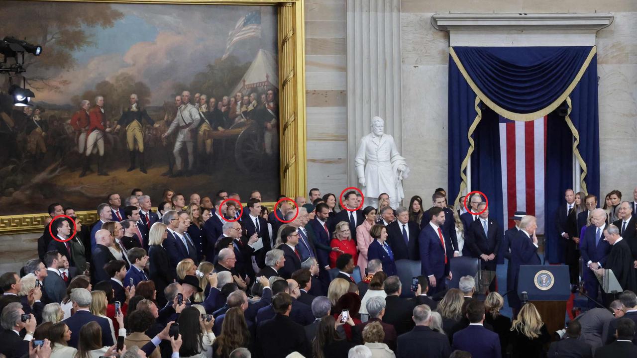 Shou Zi Chew, Mark Zuckerberg, Jeff Bezos, Elon Musk and Tim Cook, circled left to right. Picture: Fabrizio Bensch/AFP