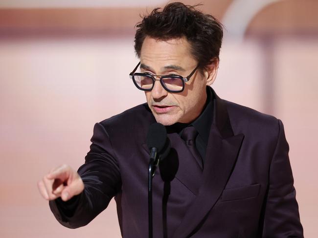 Robert Downey Jr. accepts the award for Best Performance by a Male Actor in a Supporting Role in Any Motion Picture for Oppenheimer. Picture: Getty Images