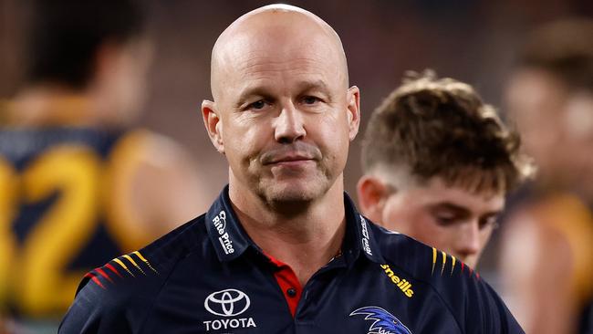 ADELAIDE, AUSTRALIA - APRIL 04: Matthew Nicks, Senior Coach of the Crows looks on during the 2024 AFL Round 04 match between the Adelaide Crows and the Melbourne Demons at Adelaide Oval on April 04, 2024 in Adelaide, Australia. (Photo by Michael Willson/AFL Photos via Getty Images)