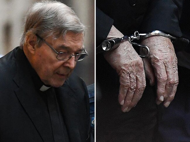 Cardinal Geroge Pell is taken from court in handcuffs.