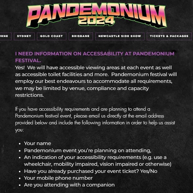 The website states there will be accessible viewing areas at the events. Picture: Pandemonium Rocks Website