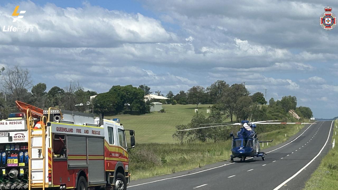 A woman in her 70s was flown to the Princess Alexandra Hospital with potentially life threatening injuries after two vehicles collided on the Warrego Highway on Friday. Photo: LifeFlight Media