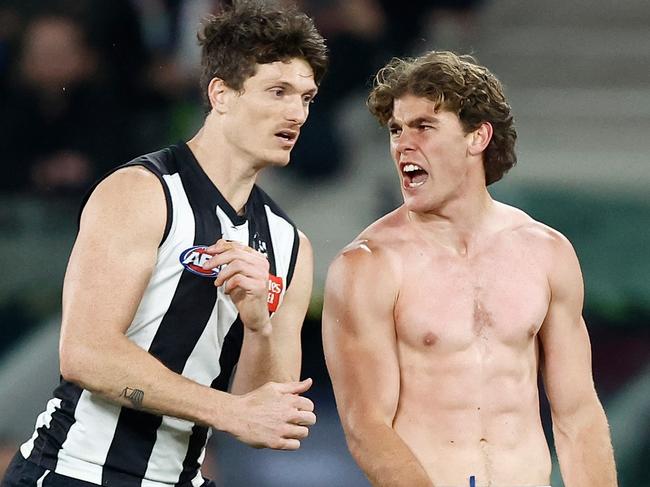 MELBOURNE, AUSTRALIA - AUGUST 18: Deven Robertson of the Lions is seen without a jumper during the 2023 AFL Round 23 match between the Collingwood Magpies and the Brisbane Lions at Marvel Stadium on August 18, 2023 in Melbourne, Australia. (Photo by Michael Willson/AFL Photos via Getty Images)