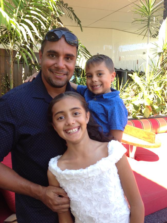 Former Titans winger Brent Bowen with son Asher, 6, and daughter Elijah-Jade, 10. Picture: SUPPLIED