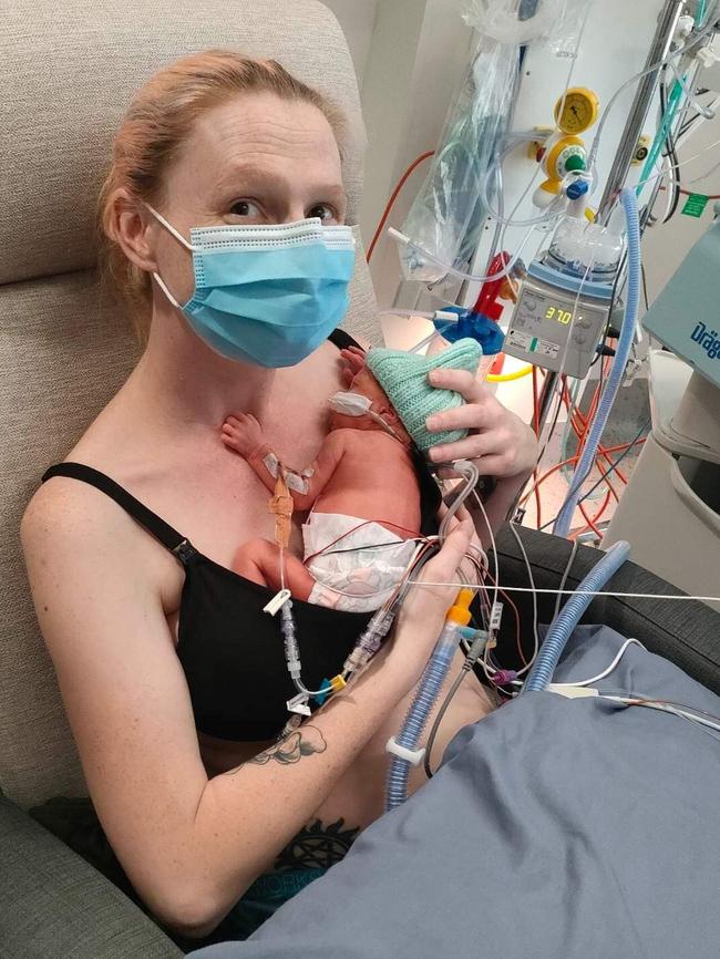 Liesl Garrett with son Harrison who was born prematurely. Picture: Supplied by family.