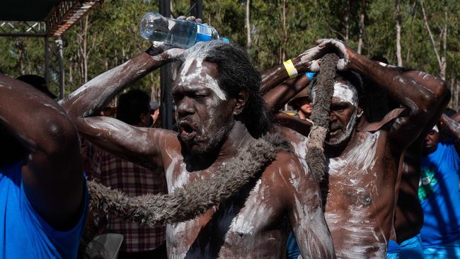 Ceremonial opening of Garrtjambal Auditorium bringing in Guwak, the Ancestral Nightbird dance at the Garma Festival 2023. Picture: Pema Tamang Pakhrin