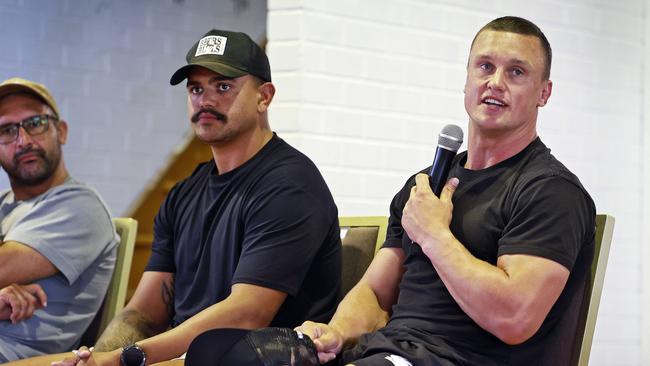 NRL star Jack Wighton, alongside Latrell Mitchell, speaks to the residents at Jubullum. Picture: Sam Ruttyn