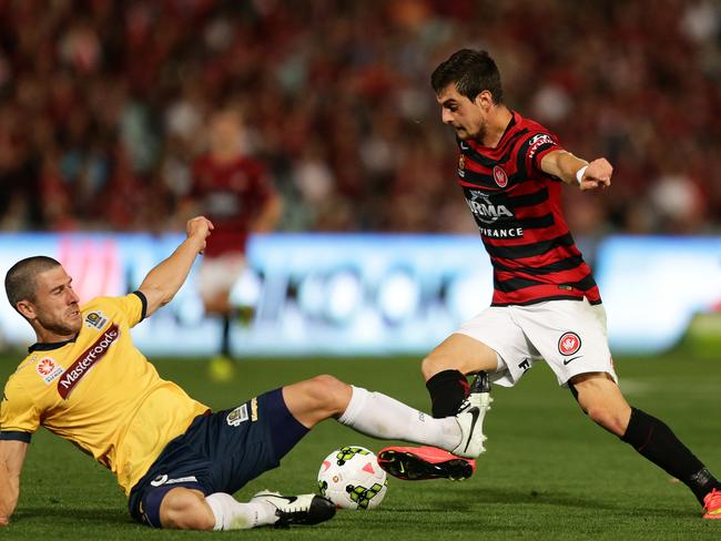 Tomi Juric against the Central Coast Mariners. (Brett Costello)