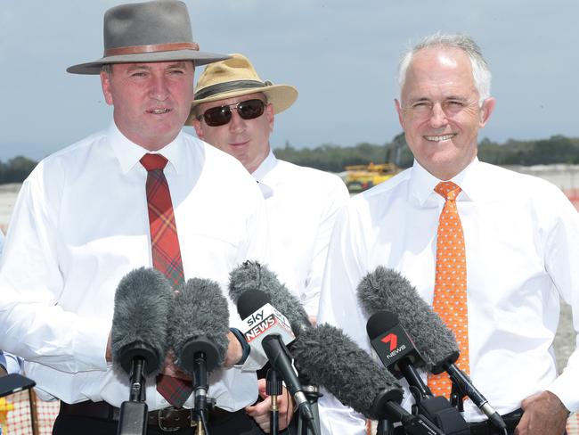 Deputy Prime Minister Barnaby Joyce, Luke Howarth Member for Petrie, and Prime Minister Malcolm Turnbull at the launch of the Infrastructure Australia Plan in Brisbane. Photo: Liam Kidston