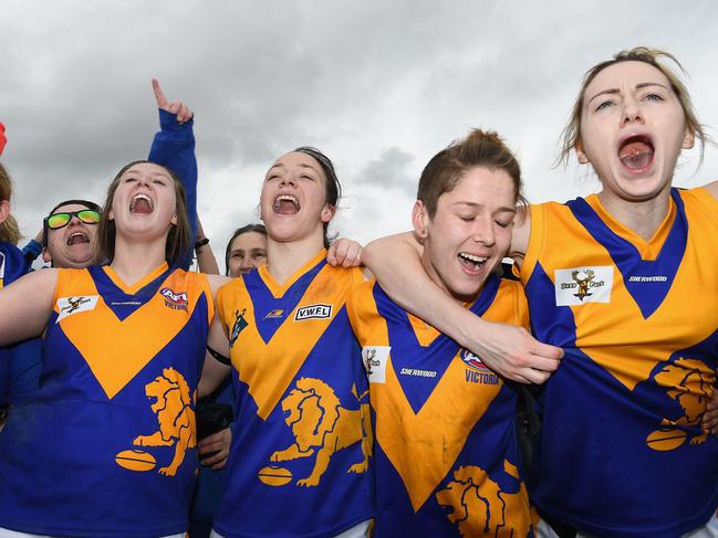 MELBOURNE, AUSTRALIA - SEPTEMBER 18: Deer Park celebrate winning the Premier Division grand final before the VFL Women's Grand Final between Darebin v Melbourne University on September 18, 2016 in Melbourne, Australia. (Photo by Quinn Rooney/Getty Images)