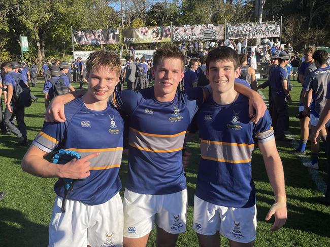 Churchie flankers Caleb Godfrey, left, Joe Stoddart and winger Oscar Harris.