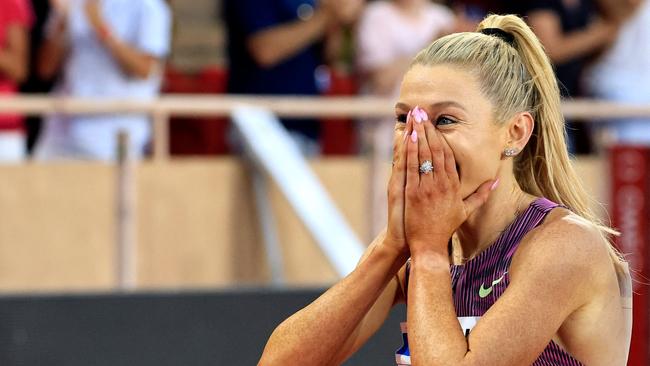 Australia's Jessica Hull celebrates after competing in the women's 2000m event during the 'Wanda Diamond League' athletics meeting at the Stade Louis II stadium in Monaco on July 12, 2024. (Photo by Valery HACHE / AFP)