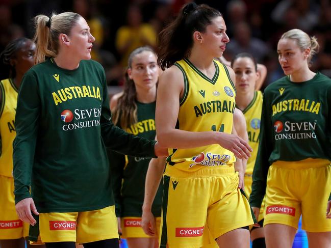 SYDNEY, AUSTRALIA - SEPTEMBER 30: Lauren Jackson and Marianna Tolo of Australia react following the 2022 FIBA Women's Basketball World Cup Semi Final match between Australia and China at Sydney Superdome, on September 30, 2022, in Sydney, Australia. (Photo by Kelly Defina/Getty Images)