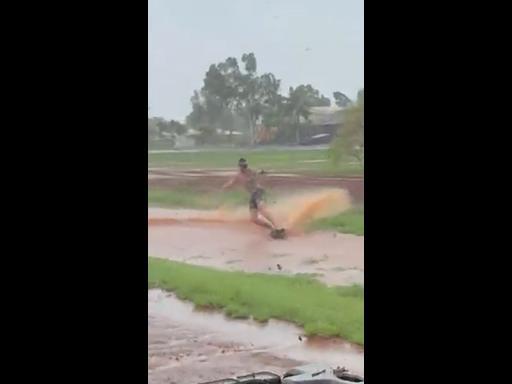 Daredevil wakeboards through flooded storm drains