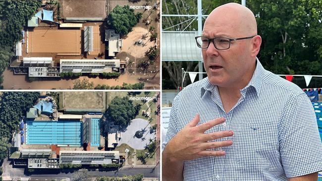 Before and after aerial shots of Lismore Memorial Baths by Nearmap, with Lismore Mayor Steve Krieg (right) at the official opening of the refurbished pool on Wednesday.