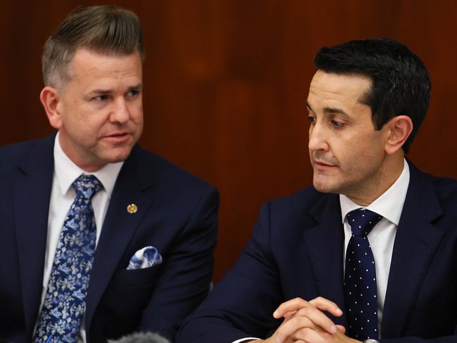 Brisbane, 25 November 2024. Queensland Premier David Crisafulli and Deputy Premier Jarrod Bleijie during the Party Room meeting.