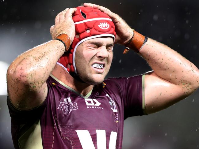 SYDNEY, AUSTRALIA - FEBRUARY 25: Harry Wilson of the Reds reacts during the round two Super Rugby Pacific match between the NSW Waratahs and the Queensland Reds at Leichhardt Oval on February 25, 2022 in Sydney, Australia. (Photo by Jeremy Ng/Getty Images)