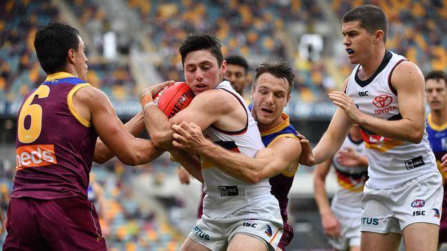 Chayce Jones, middle, and Ned McHenry, right, are central to the Crows’ rebuild. Picture: Darren England/AAP