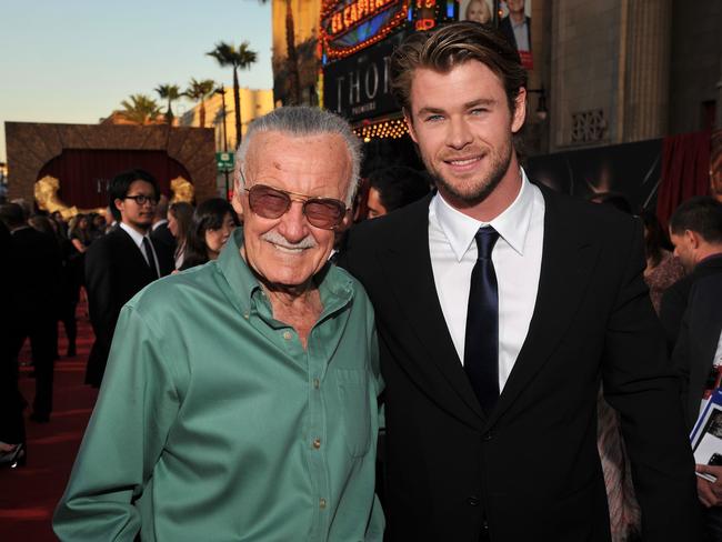 Author Stan Lee and actor Chris Hemsworth arrive at the Los Angeles premiere of "Thor" at the El Capitan Theatre in 2011 in Hollywood, California. Picture: Supplied