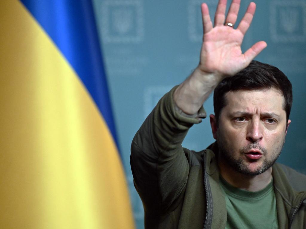 Ukrainian President Volodymyr Zelensky gestures as he speaks during a press conference in Kyiv. Picture: AFP