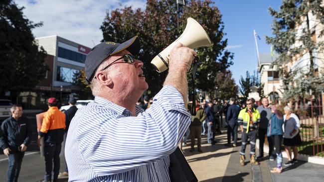 Toowoomba City Community Airport group president Matt Handley protests outside city hall before a council meeting to discuss the future of Toowoomba City Aerodrome (also known as Toowoomba Airport), Tuesday, May 28, 2024. Picture: Kevin Farmer