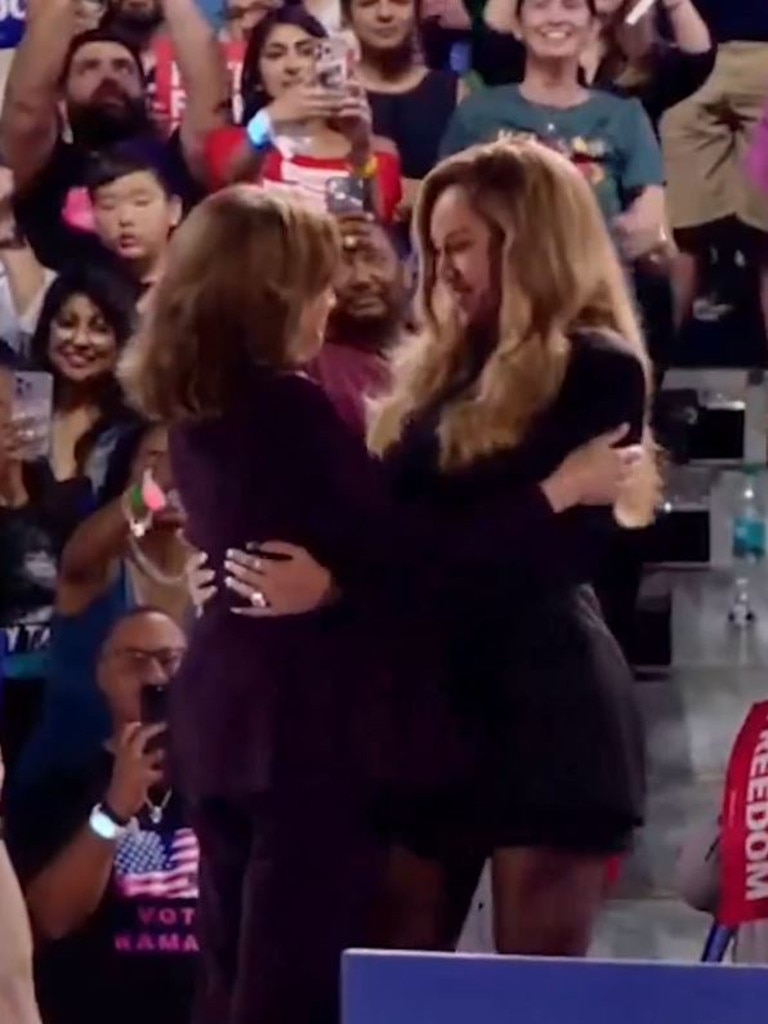 Pop icon Beyoncé embracing Kamala Harris before next week’s US election. Picture: X