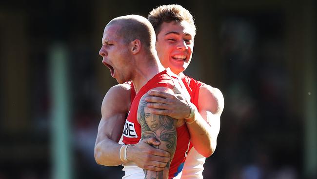 Sydney's Zak Jones celebrates kicking a goal with Will Hayward during AFL match Sydney Swans v Brisbane Lions at the SCG. Picture. Phil Hillyard